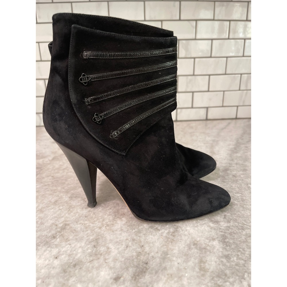 Oscar de la Renta Ankle Boots Womens 37 Black Suede Leather Trim Cone Heel Italy